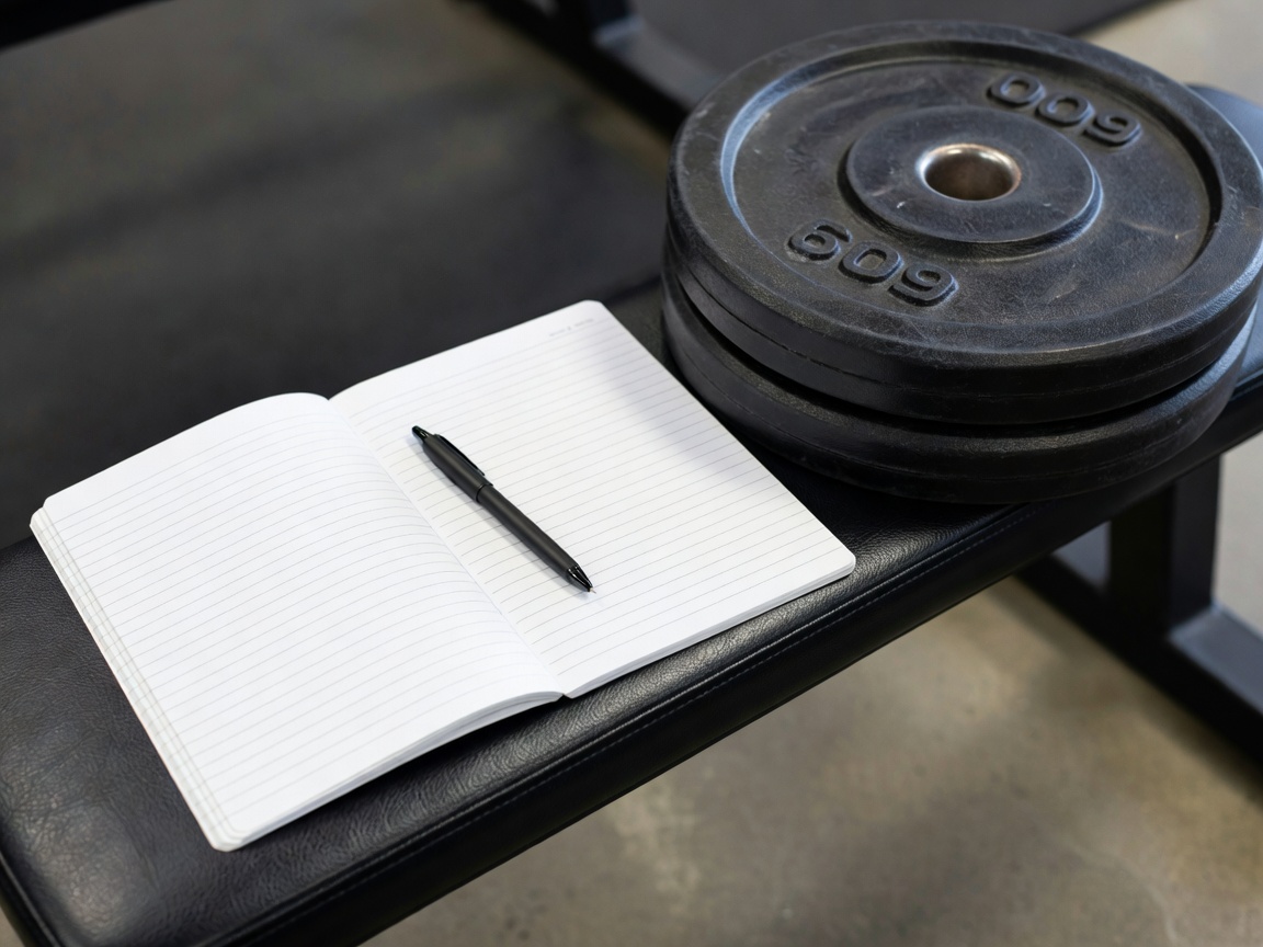 A training logbook and pen resting on a gym bench next to weight plates