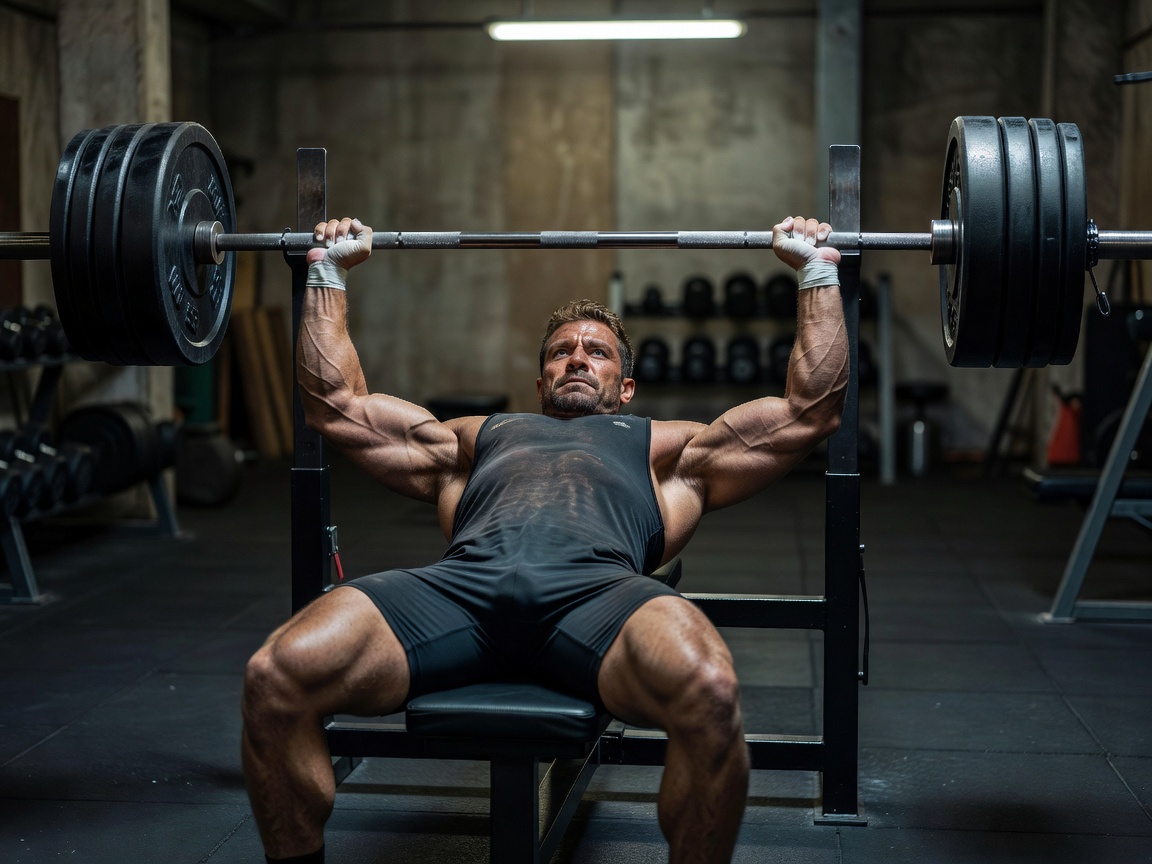 Athlete positioned on a bench press, gripping the barbell before lift-off