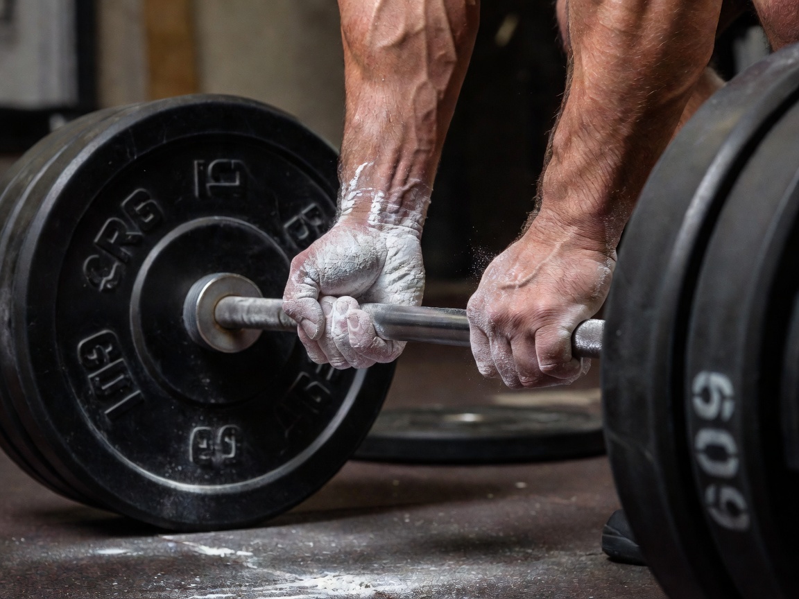 Close up of hands covered in chalk gripping a heavily loaded barbell