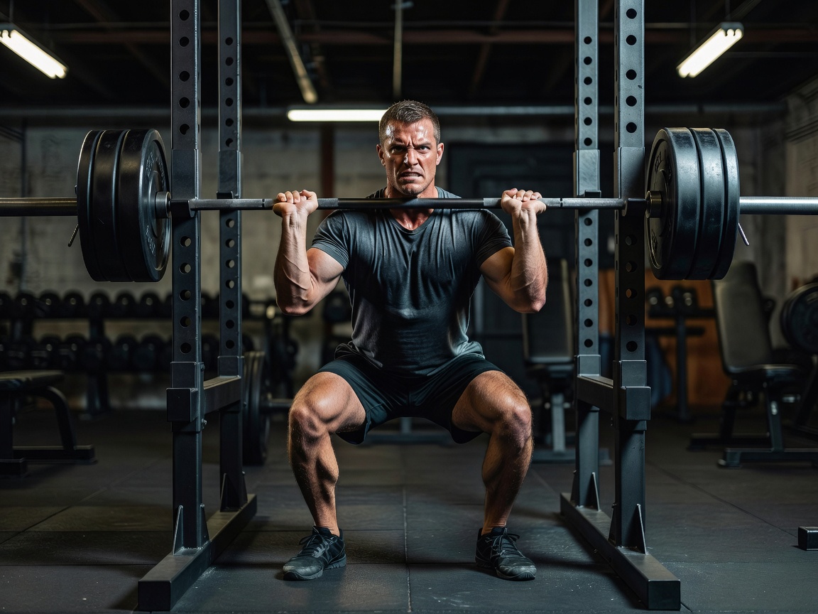 Lifter completing a heavy barbell back squat in a power rack