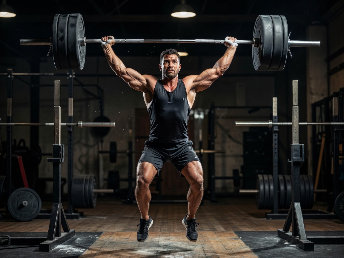 Weightlifter mid-air during the extension phase of a snatch